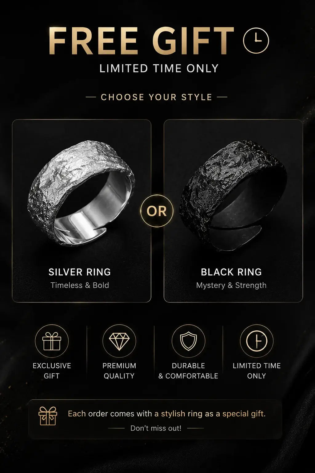 Rings: two textured bands in silver and black on a dark promo banner for Free Gift