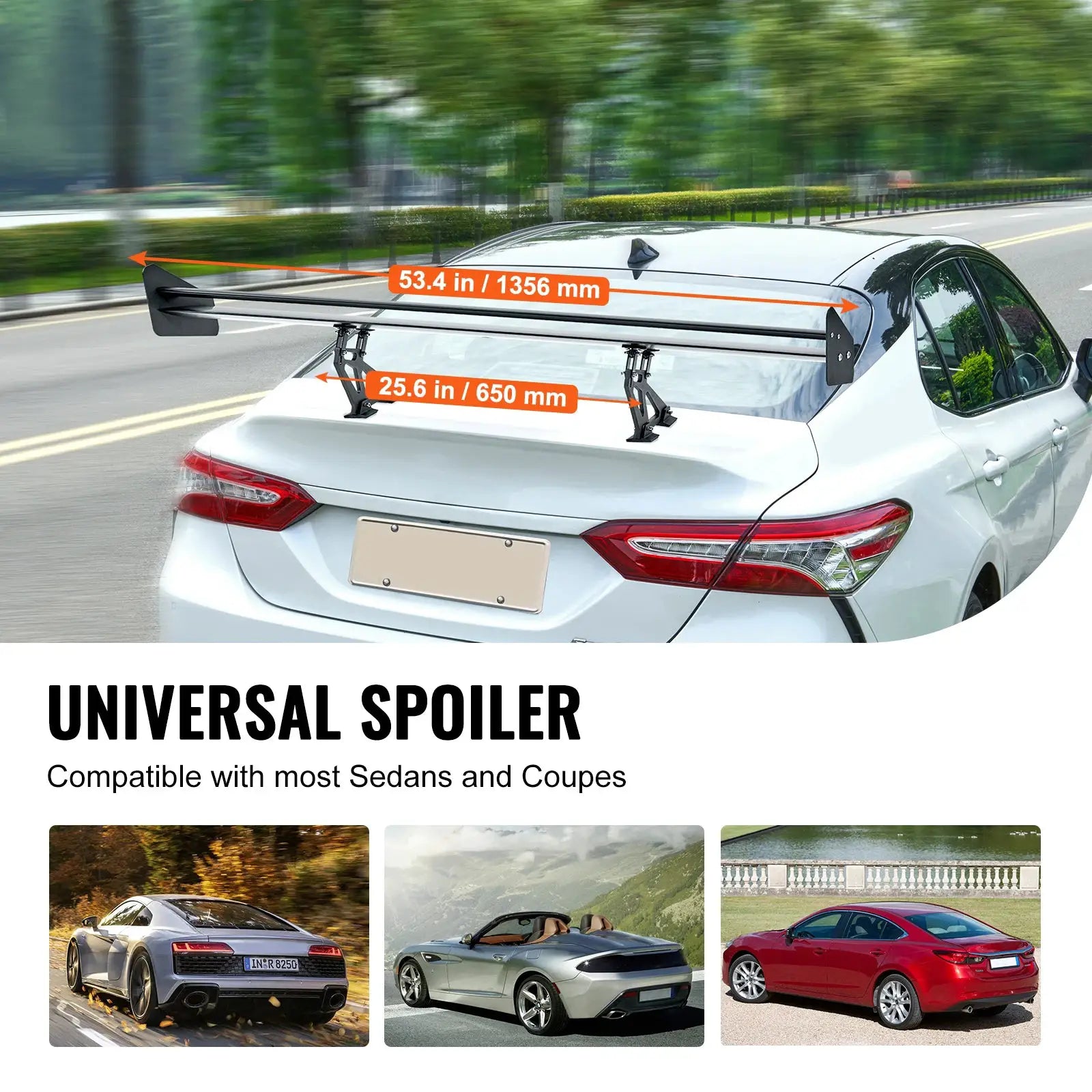 SucceBuy GT Wing car spoiler with double-deck universal racing design in black on a silver sedan, 53.4 in long
