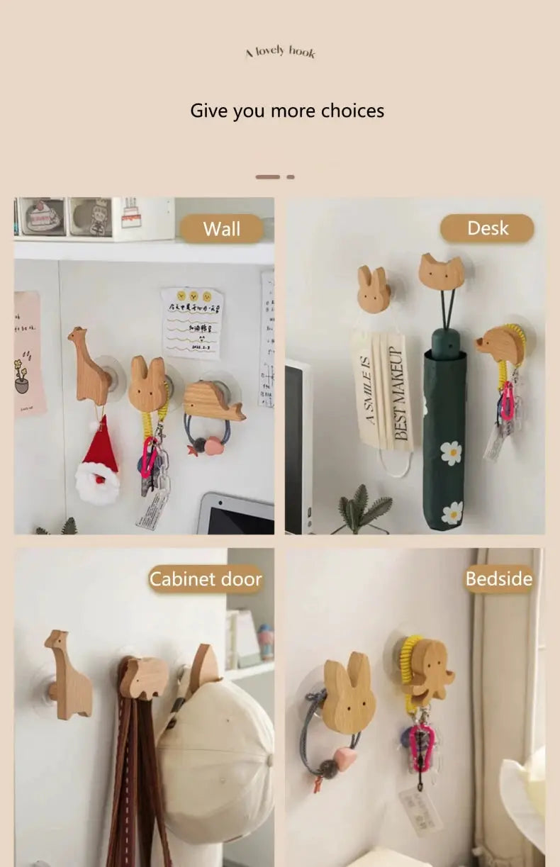 Natural wood animal hooks set for kids' room; wall and door coat and key hangers for desk and bedside decor