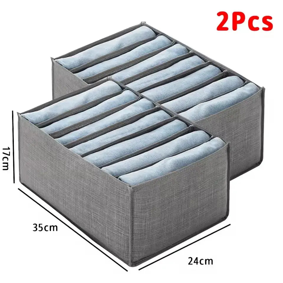 2-pack gray fabric clothes storage boxes with dividers for wardrobe organization.