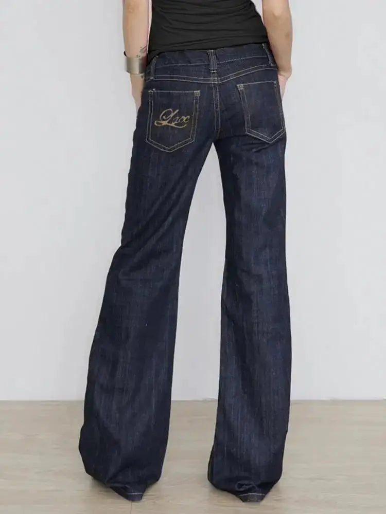 Women's Slim Fit Flared Jeans Y2K Low Rise Denim Embroidery Distressed