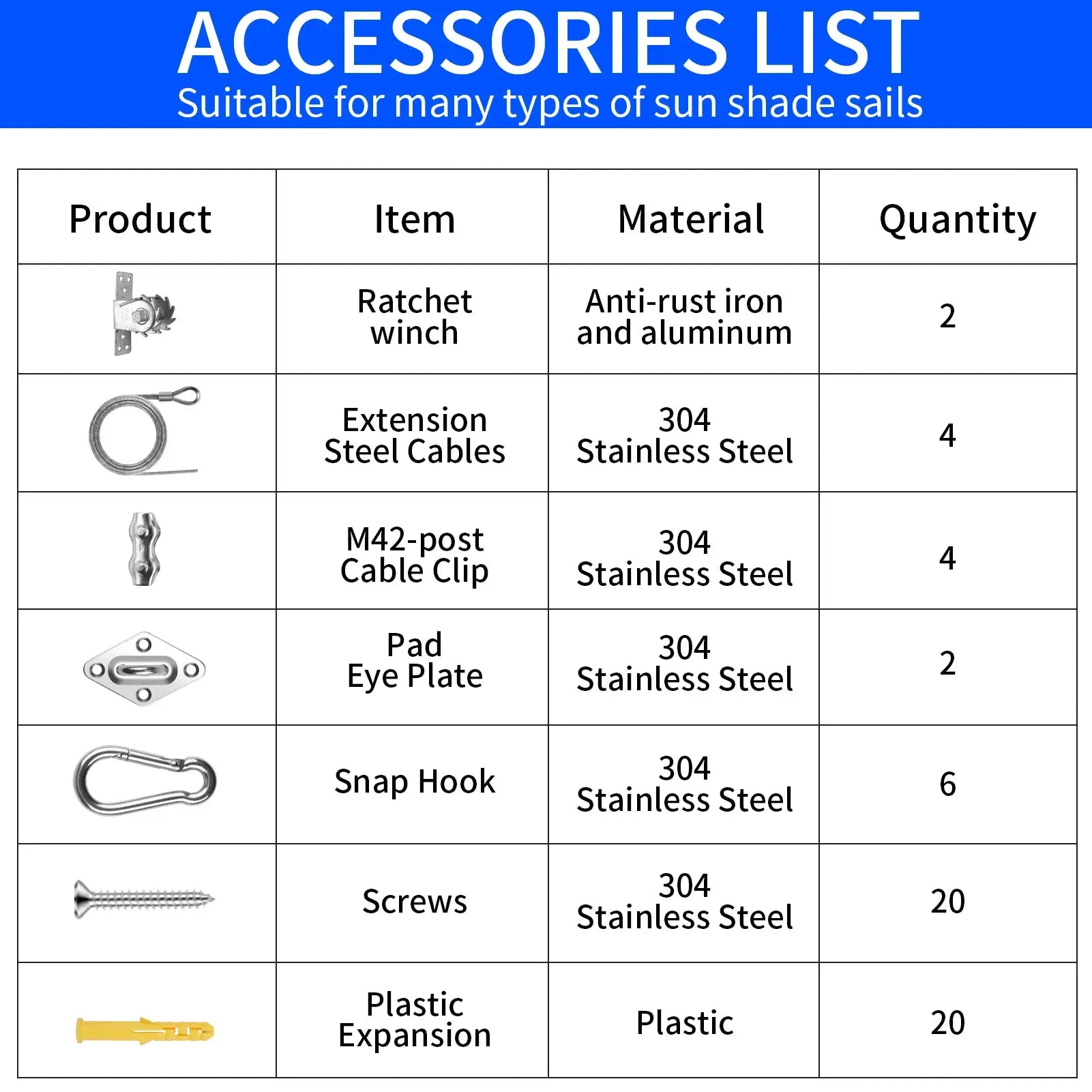 Waterproof sun shade sail canopy accessories: ratchet winch 2, cables 4, clips 4, pad eye plates 2, hooks 6, screws 20