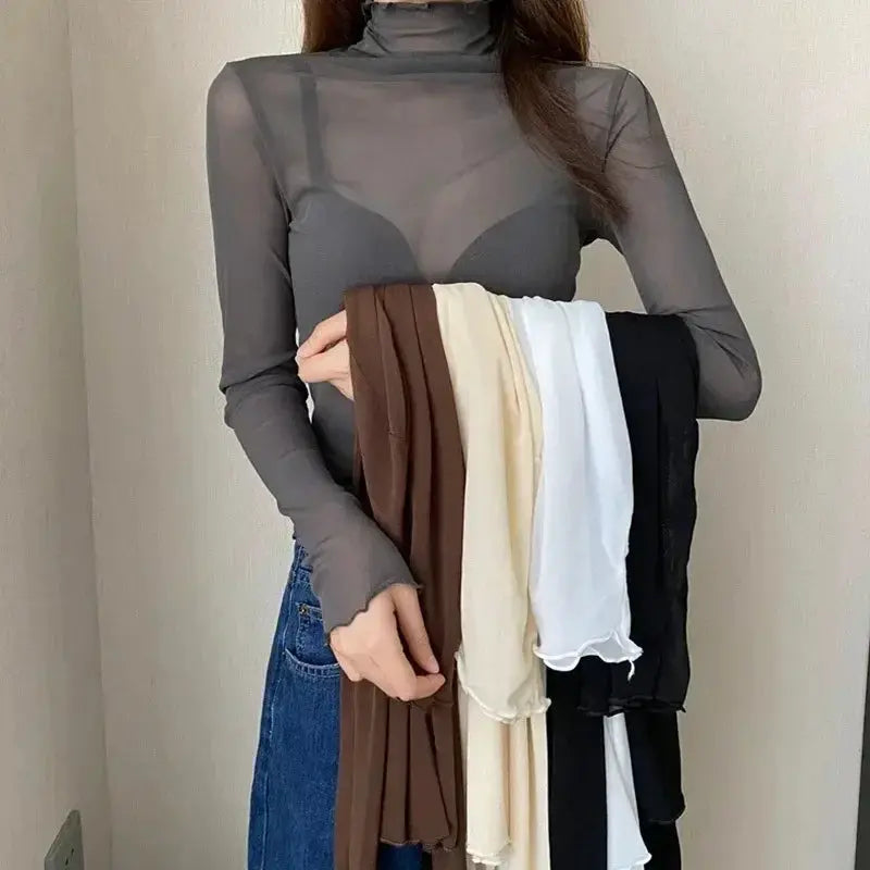AllureMesh See Through Mesh Turtleneck Top Slim Fit Sheer Lace Crop For Bold Clubwear