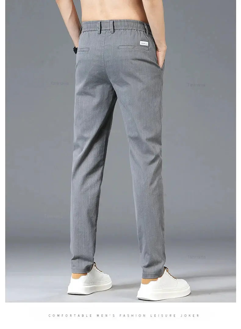 Men's casual slim straight trousers with elastic waist in gray-blue