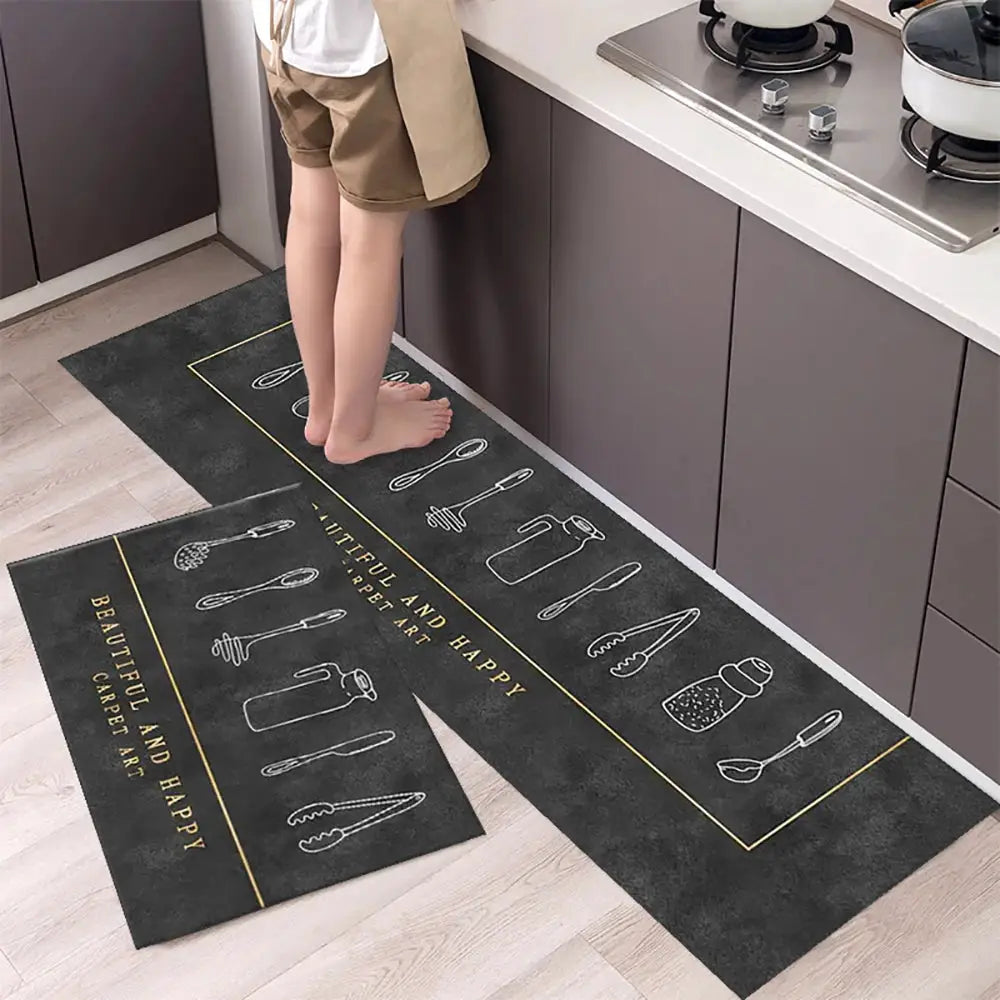 Non-slip kitchen mat long rug set of 2 in dark gray crystal velvet with white utensil illustrations