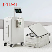 Mixi white aluminum-frame two-piece carry-on luggage set with USB port, cup holder, and phone stand