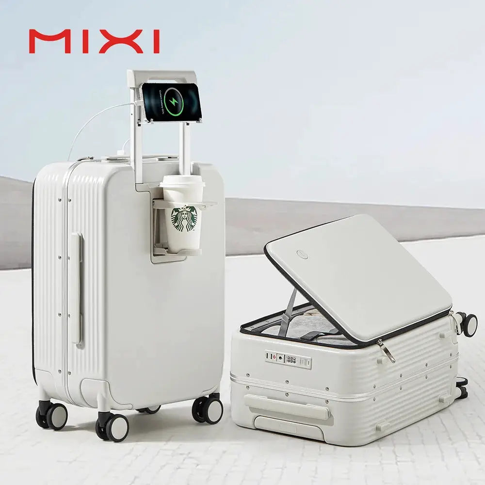 Mixi white aluminum-frame two-piece carry-on luggage set with USB port, cup holder, and phone stand