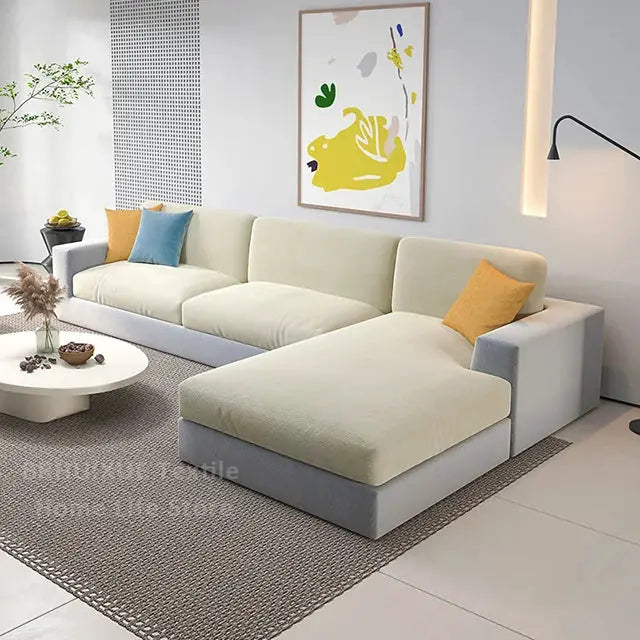 Simples Market velvet sofa seat cushion cover for L-shaped sectional; cream cushions with grey base and colorful pillows.