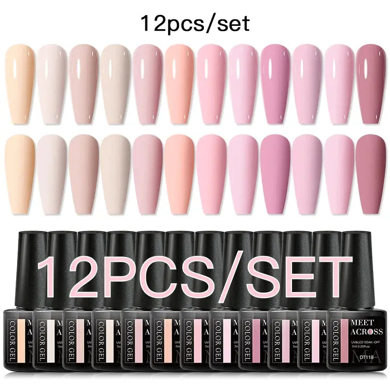 Meet Across 12-piece gel nail polish set with pink nude shades, 12 bottles
