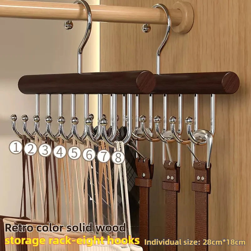 Wooden belt hanger organizer with eight metal hooks for belts, ties and clothes