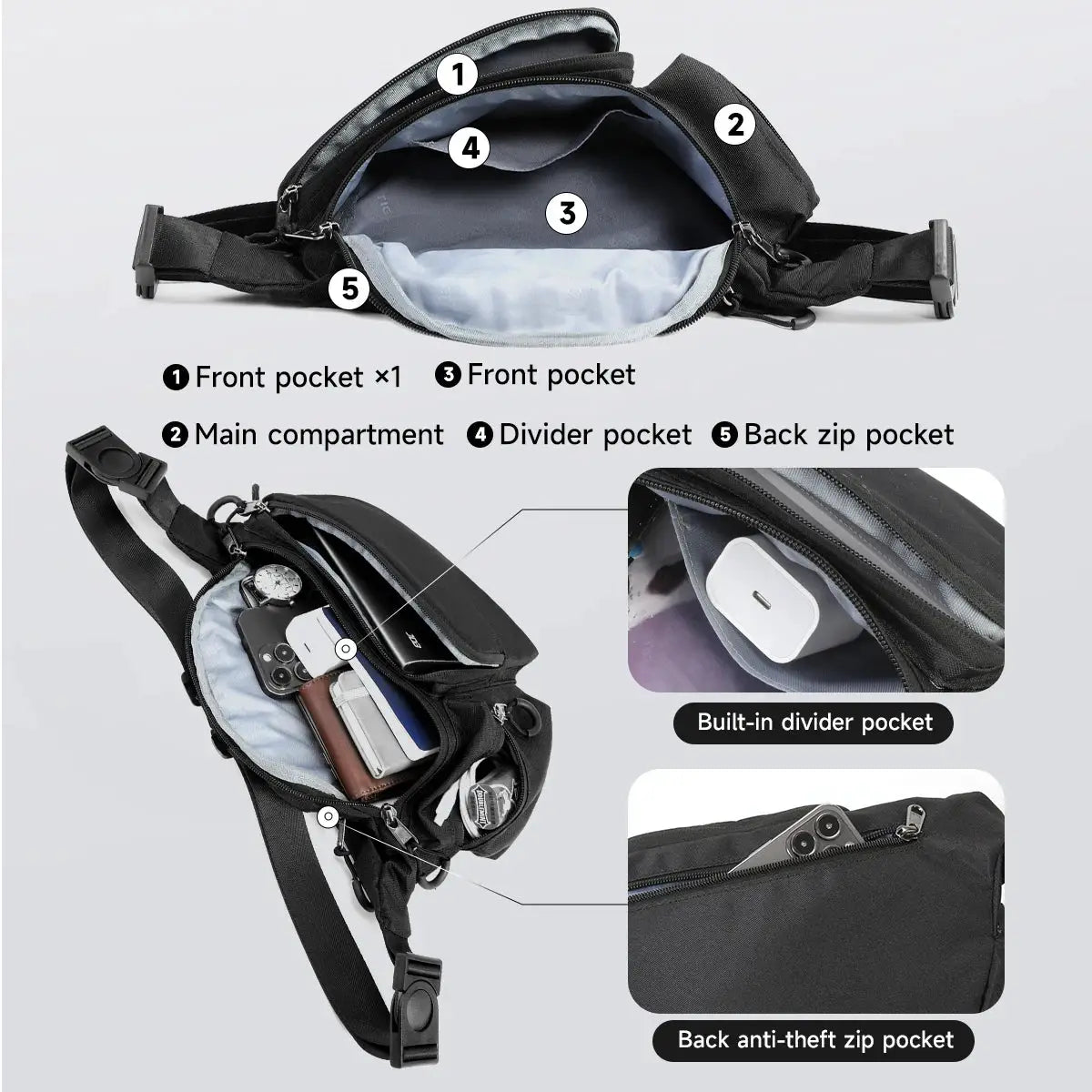 Tigernu chest bag for men, black crossbody sling with multiple pockets, Simples Market