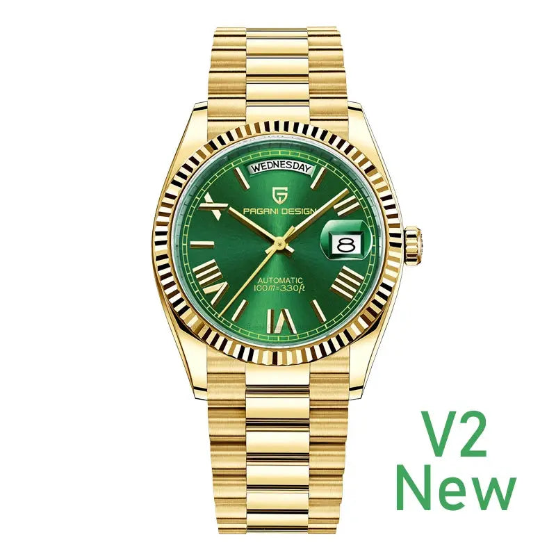 Pagani Design men's rose gold automatic wristwatch with green dial, sapphire glass, date window, 10 bar water resistant