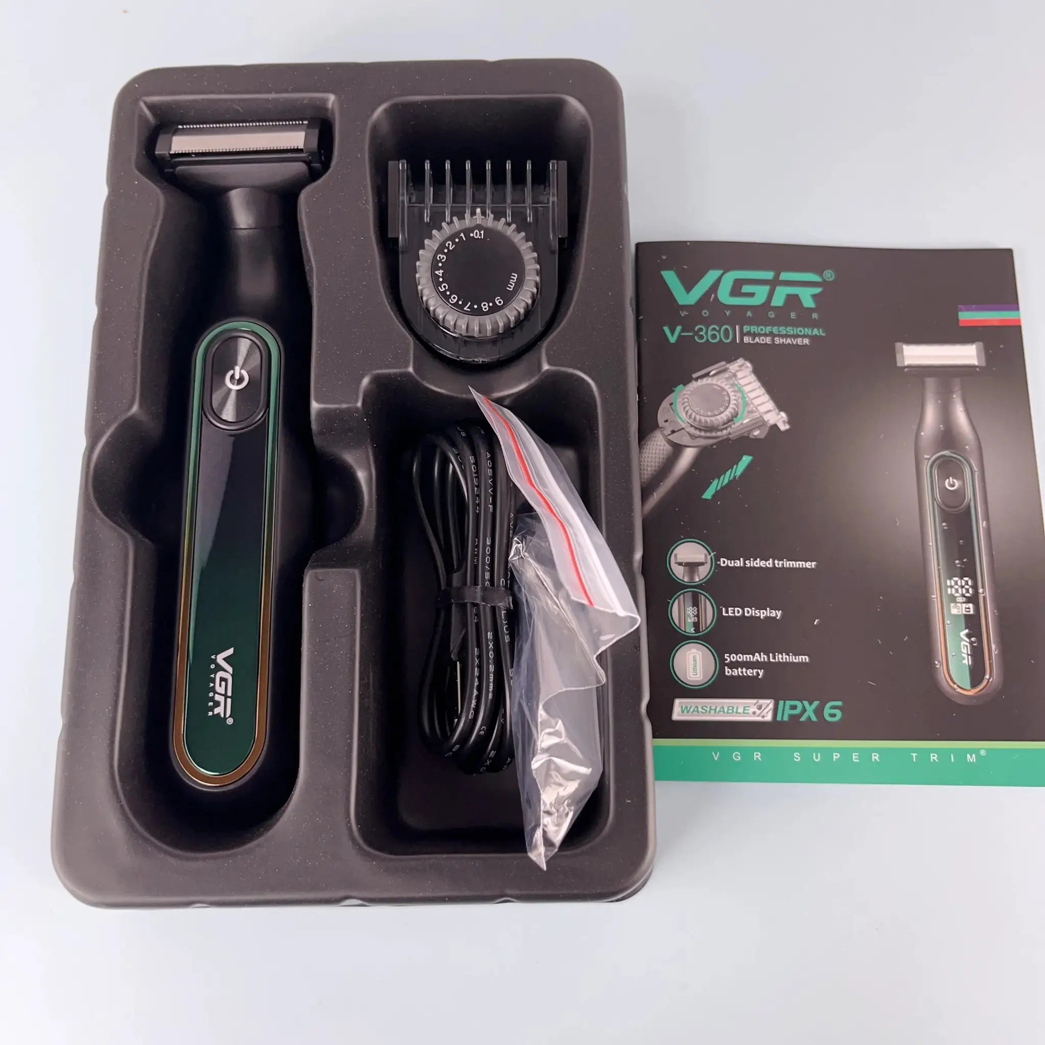 VGR 360 hair trimmer kit, 2-piece with green-black handle and blade head, IPX6 washable