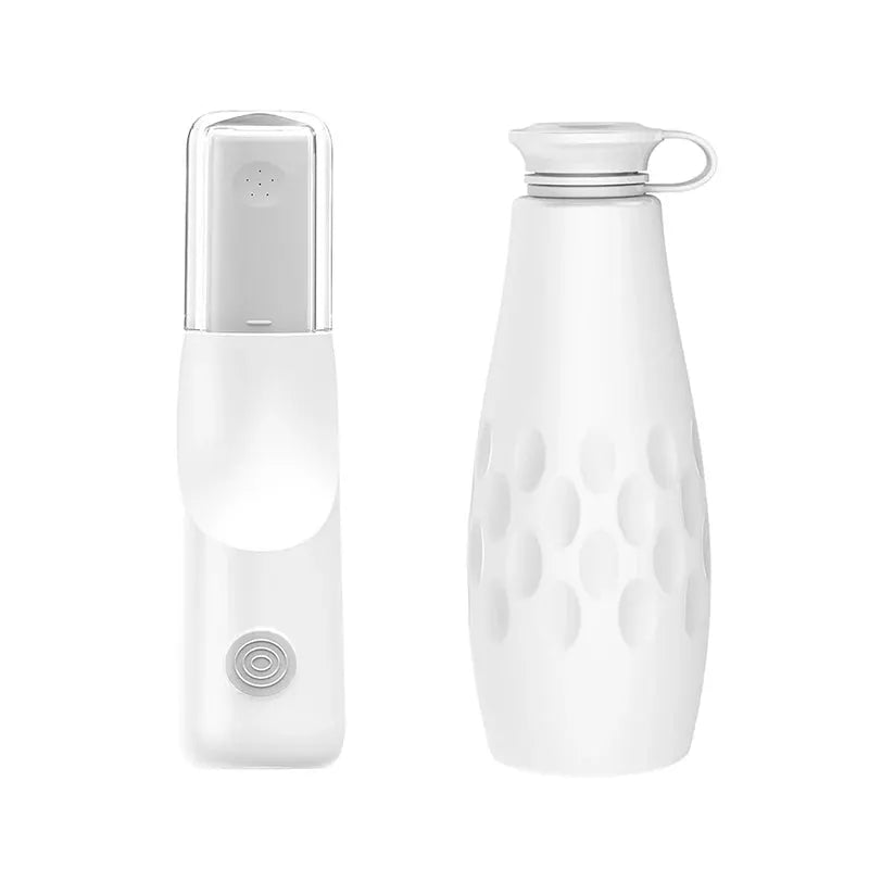 Bidet spray attachment handheld unit in white beside a white dotted-pattern bottle; two-item set