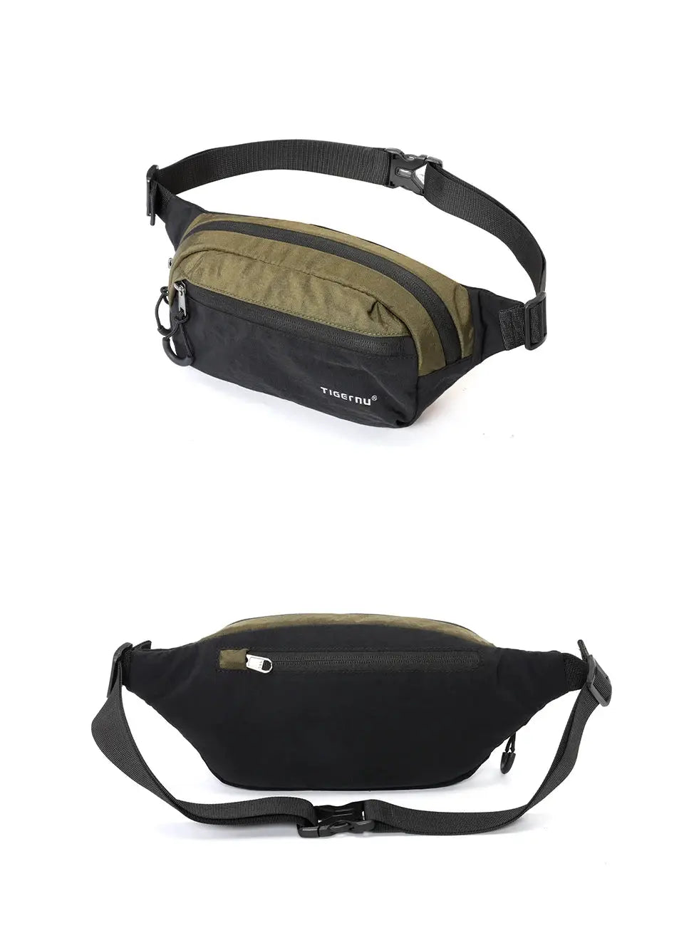 Tigernu waist pack fanny bag for men, olive-green and black with adjustable strap.