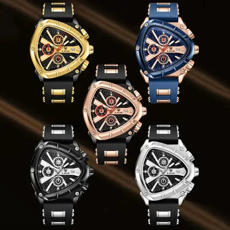 6x LIGE luxury men's watches with chronograph-style dials in gold, blue, rose gold, black and silver, with box