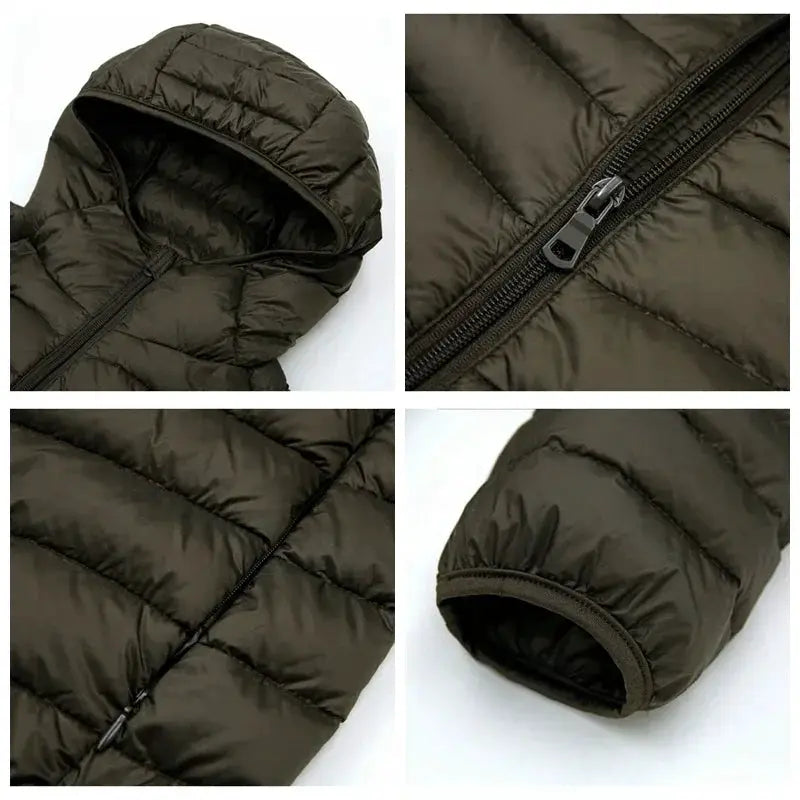 Simples Market men's dark olive down jacket with hood, 90% white duck down, lightweight quilted coat with full zip