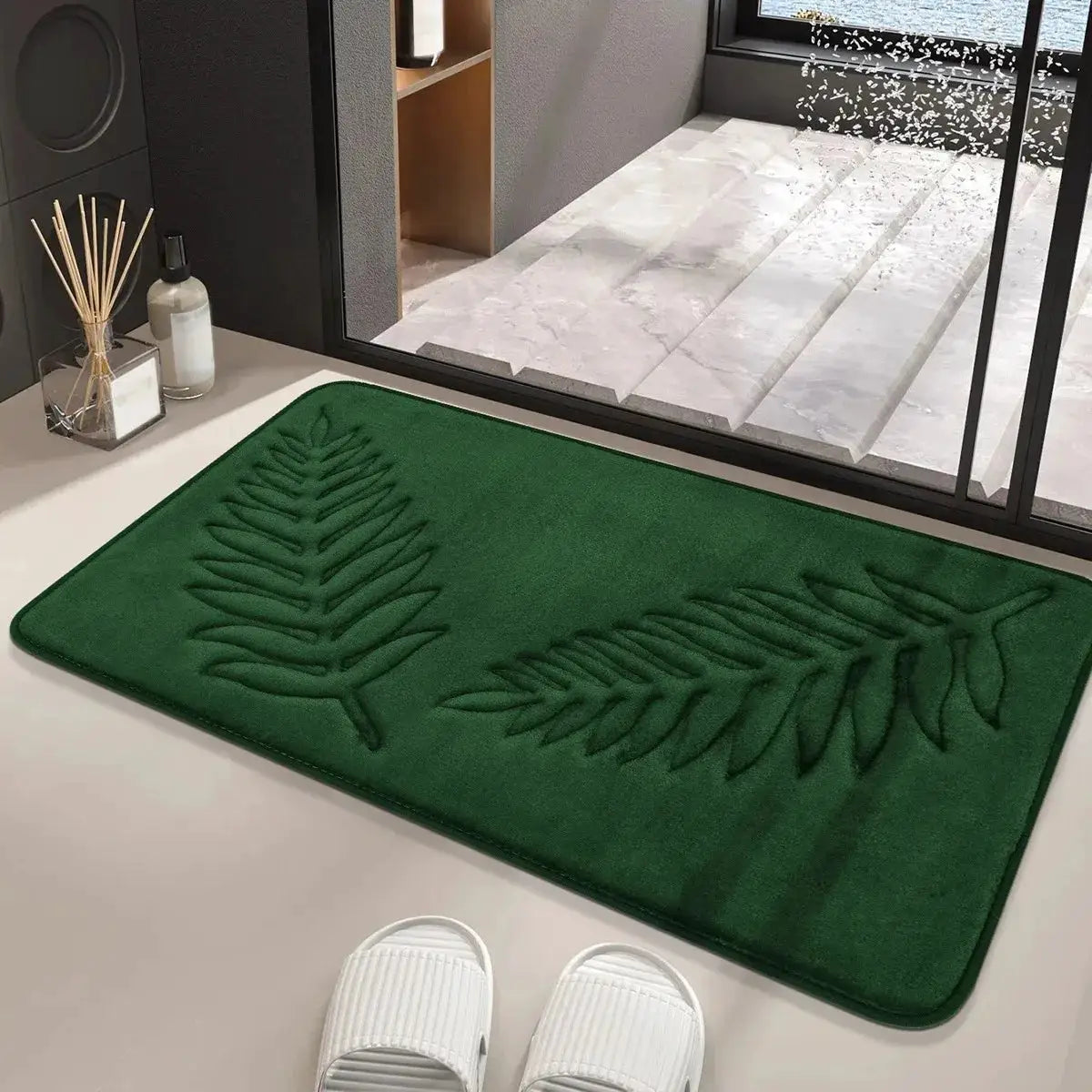 Simples Market 3-piece memory foam bathroom mat set, green leaf-design bath rugs, ultra-soft and absorbent