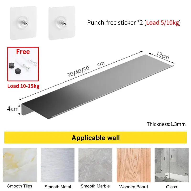 Simples Market floating metal bathroom shelf, two mounting panels, wall-mounted, holds 10–15 kg