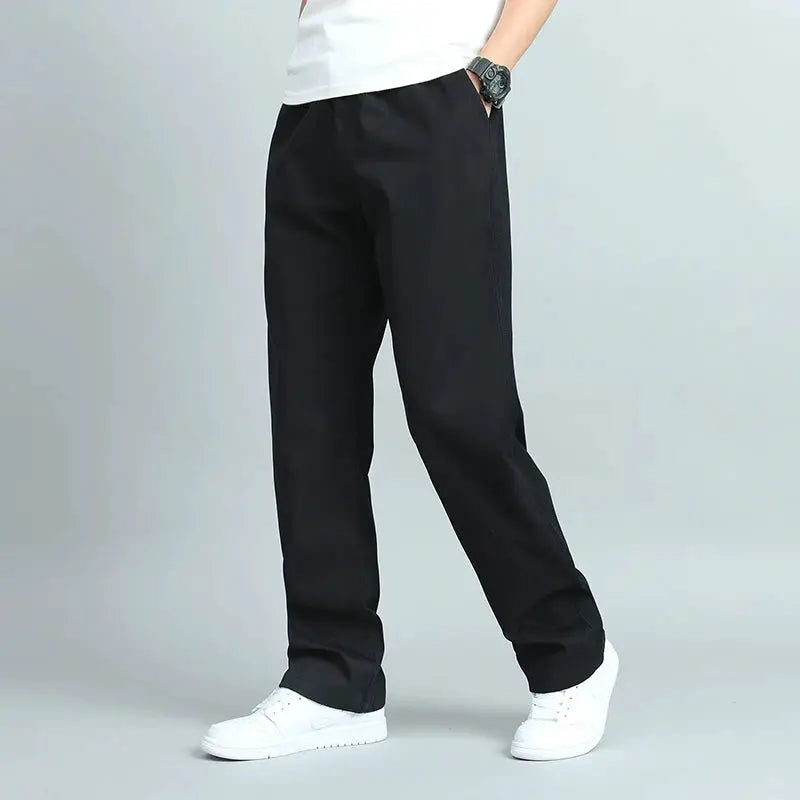 Simples Market big-size men's casual cotton trousers, loose-fit straight pants in black with multiple pockets