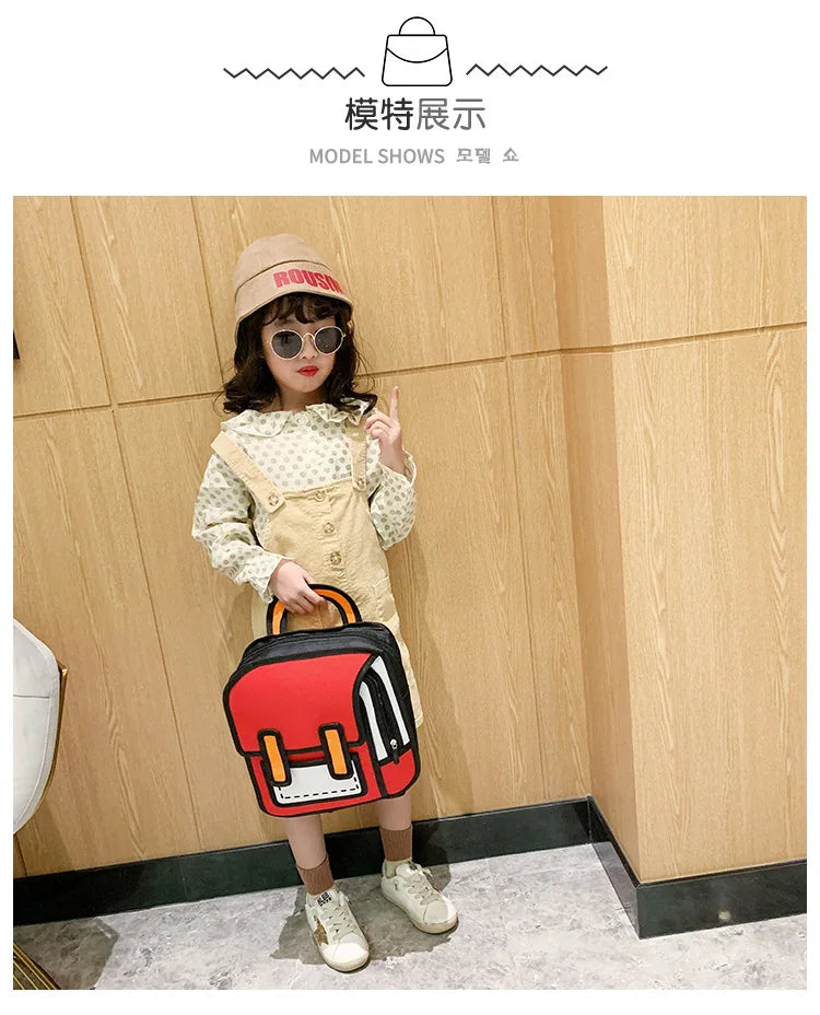 Two Dimensional 3D backpack in red with black and white accents, carried by a child in beige overalls.