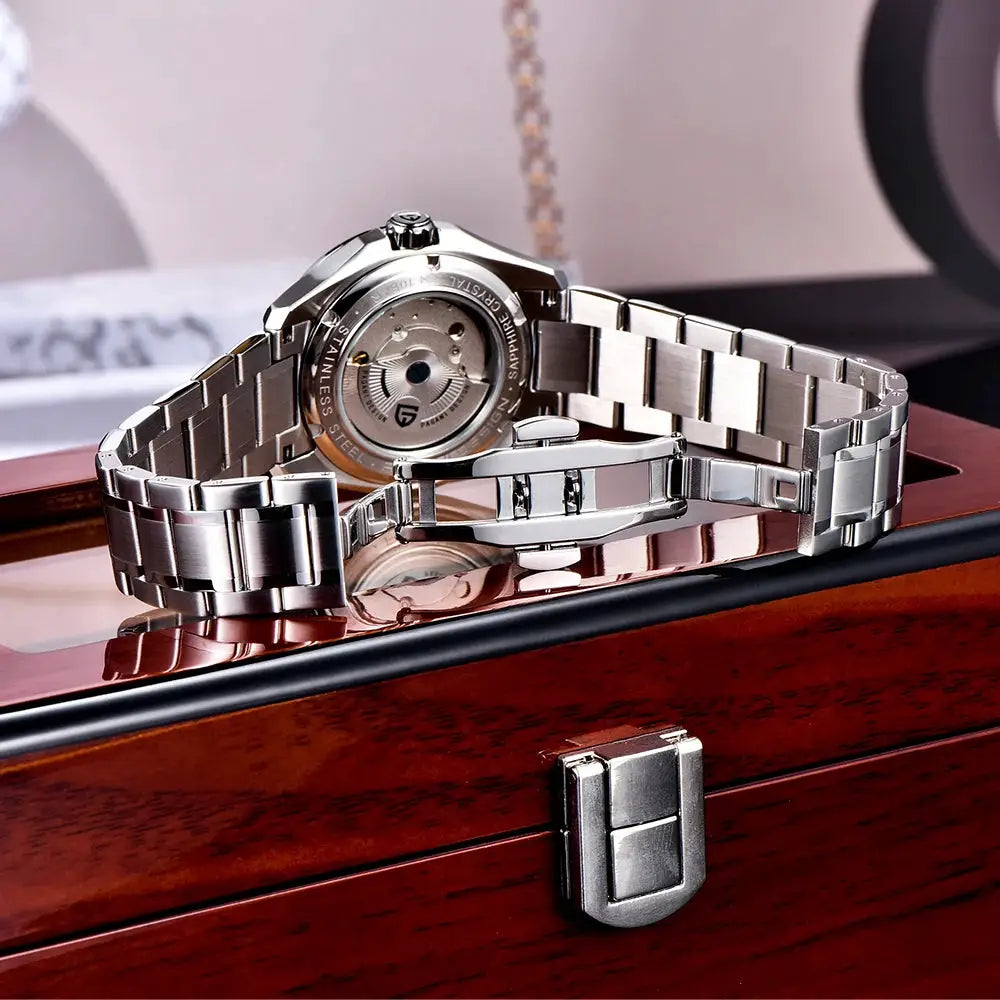 Pagani Design GMT stainless steel men's mechanical watch with transparent case back and deployment clasp 100m waterproof