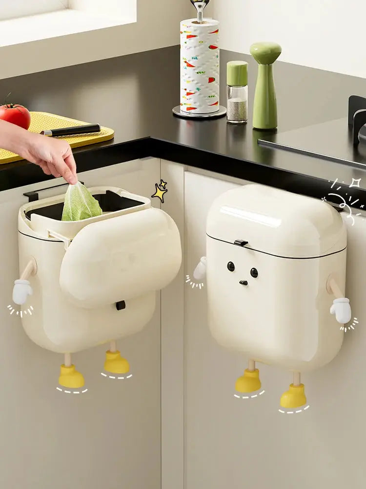 Simples Market cream wall-mounted kitchen trash cans with lids, 9L/12L, pair