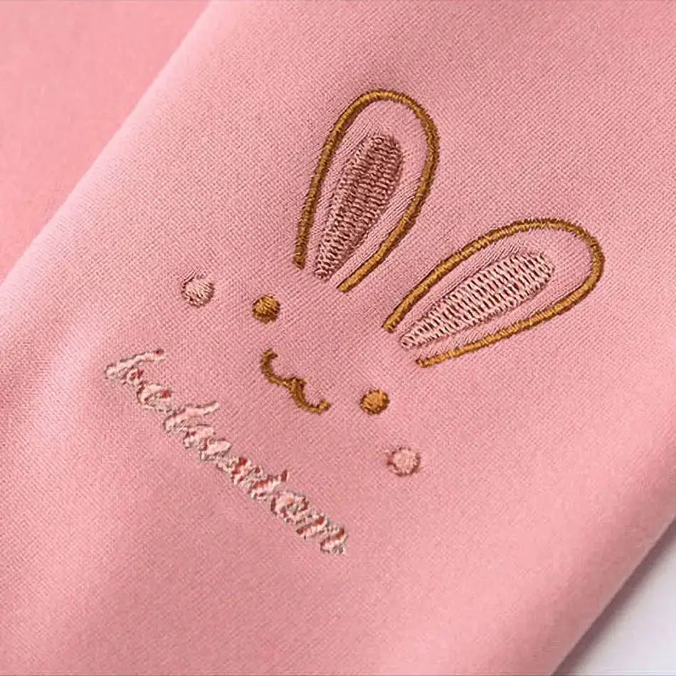 Girls 3 To 8 Years Fleece Lined Bunny Embroidered Leggings For Autumn Winter Thermal Tights