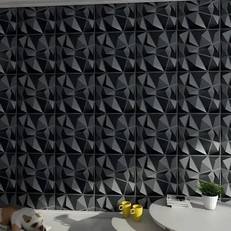 10-pack 30x30cm 3D wall panels with dark gray geometric pattern and subtle relief on living room wall.
