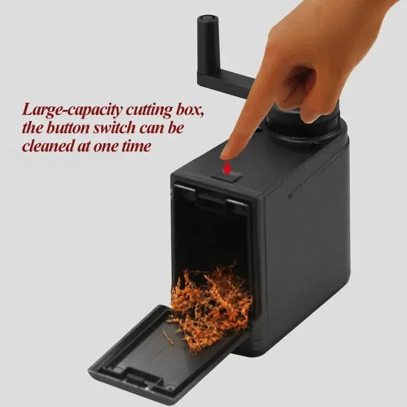 Large-capacity hand-crank pencil sharpener, black plastic with pull-out shavings tray.
