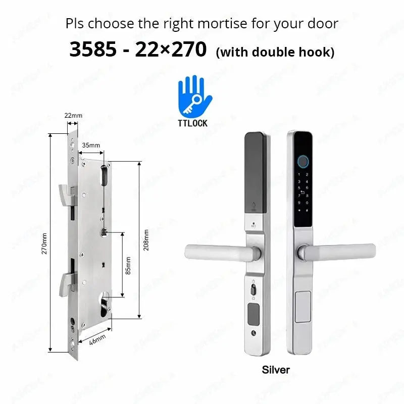 TTLock smart door lock, silver finish with keypad and fingerprint for aluminum glass sliding doors
