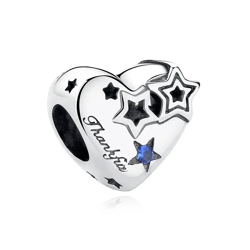 Sterling silver heart charm with star cutouts and a blue zircon accent, designed for DIY bracelets and necklaces.