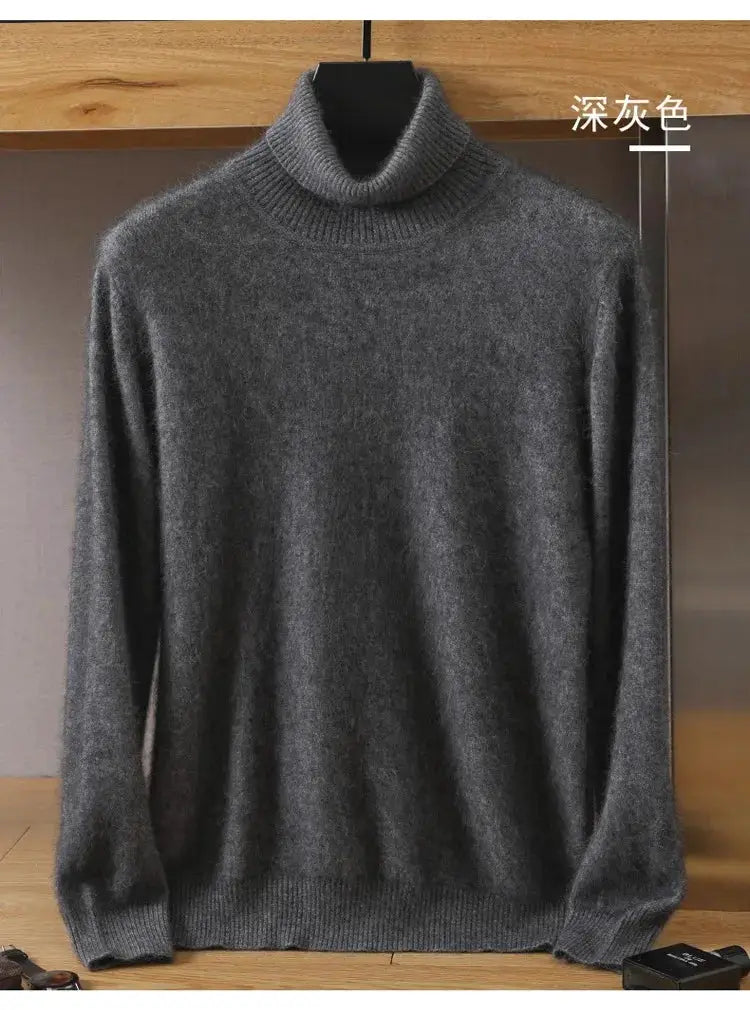 Men's mink velvet cashmere turtleneck sweater, dark gray knit with long sleeves