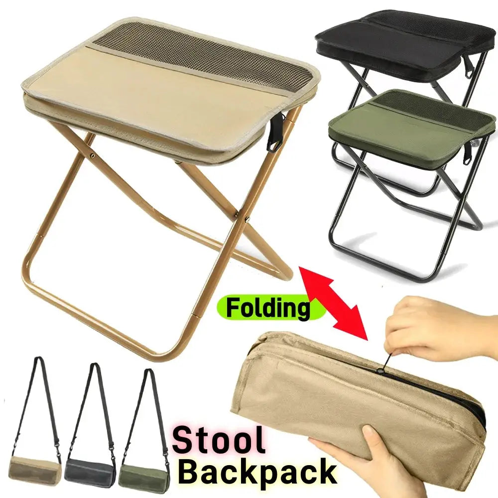 Folding stools by Simples Market (3-pack): beige, black, and green with shoulder-bag carry case.