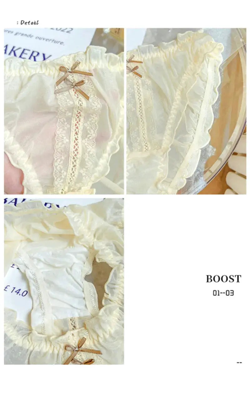 Panties: pale yellow ice-silk underwear with lace trim, small brown bows, and frilled ruffles in 3XL