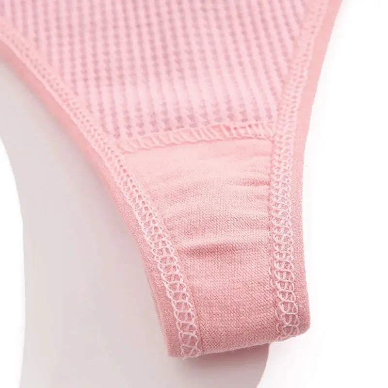 Pink cotton waffle thong panty for women, V-waist, solid color