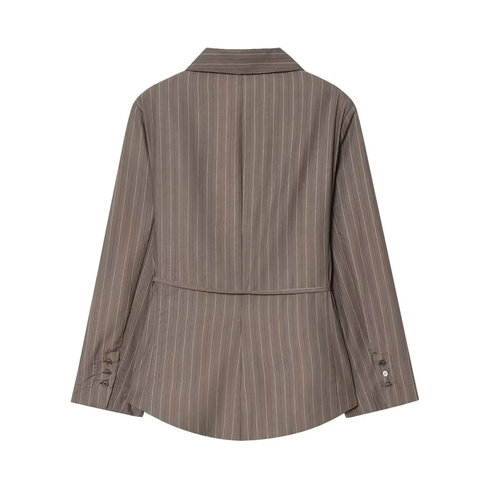 KONDALA brown pinstriped blazer with waist belt, back view