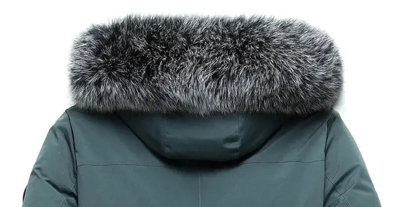 Men's green windproof down jacket with fur-trimmed hood, back view