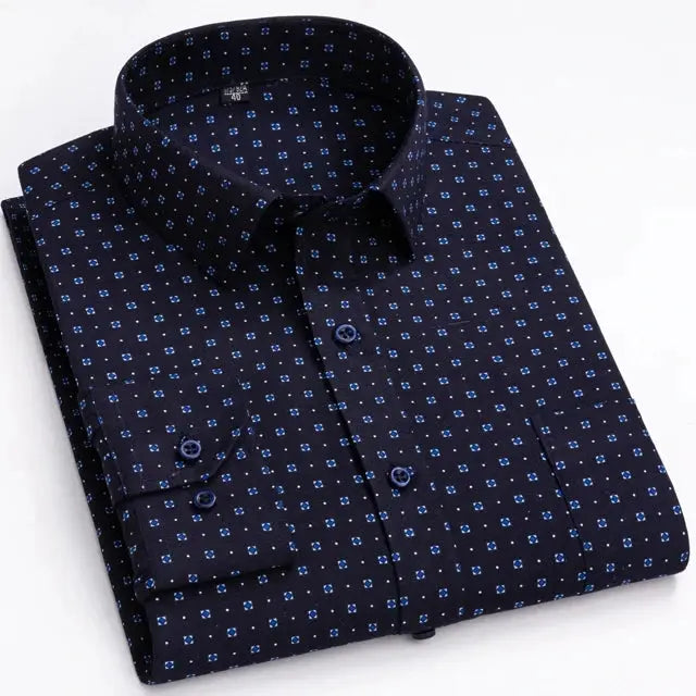 Men's long sleeve shirt in navy with tiny blue square print; button-front.