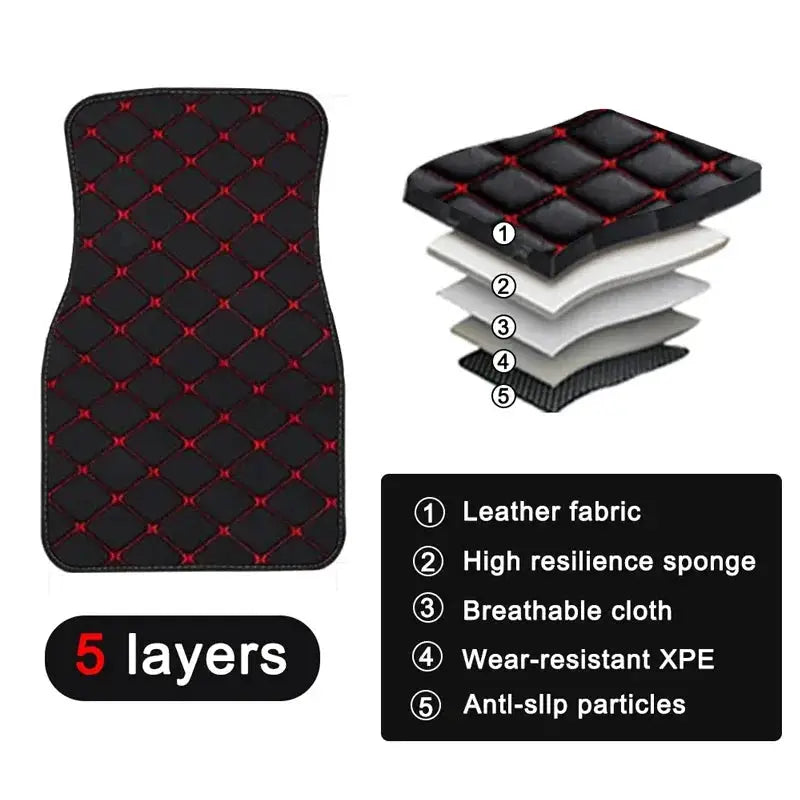 Car floor mats 4pcs set in black PU leather with red quilted stitching, waterproof front and rear mats by Simples Market.