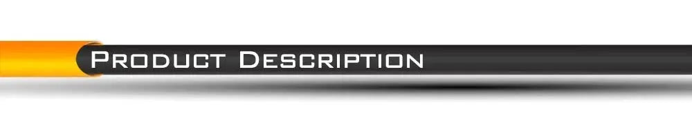 Product description banner with orange left accent and dark gradient bar.