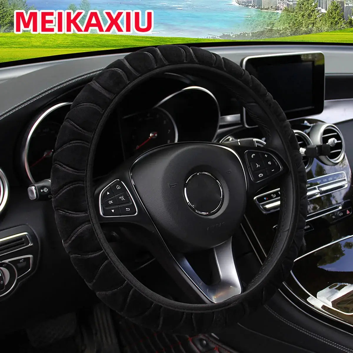 Steering wheel cover, black plush fur, fits 14.5–15 inch wheels, Simples Market