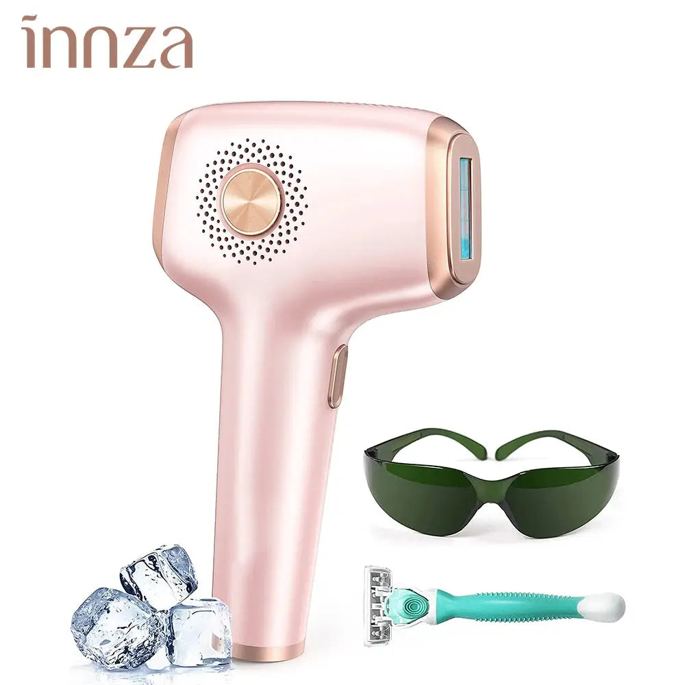 INNZA IPL hair remover device with ice cooling, pink-gold; shown with sunglasses, ice cubes, and a teal razor (4 items)