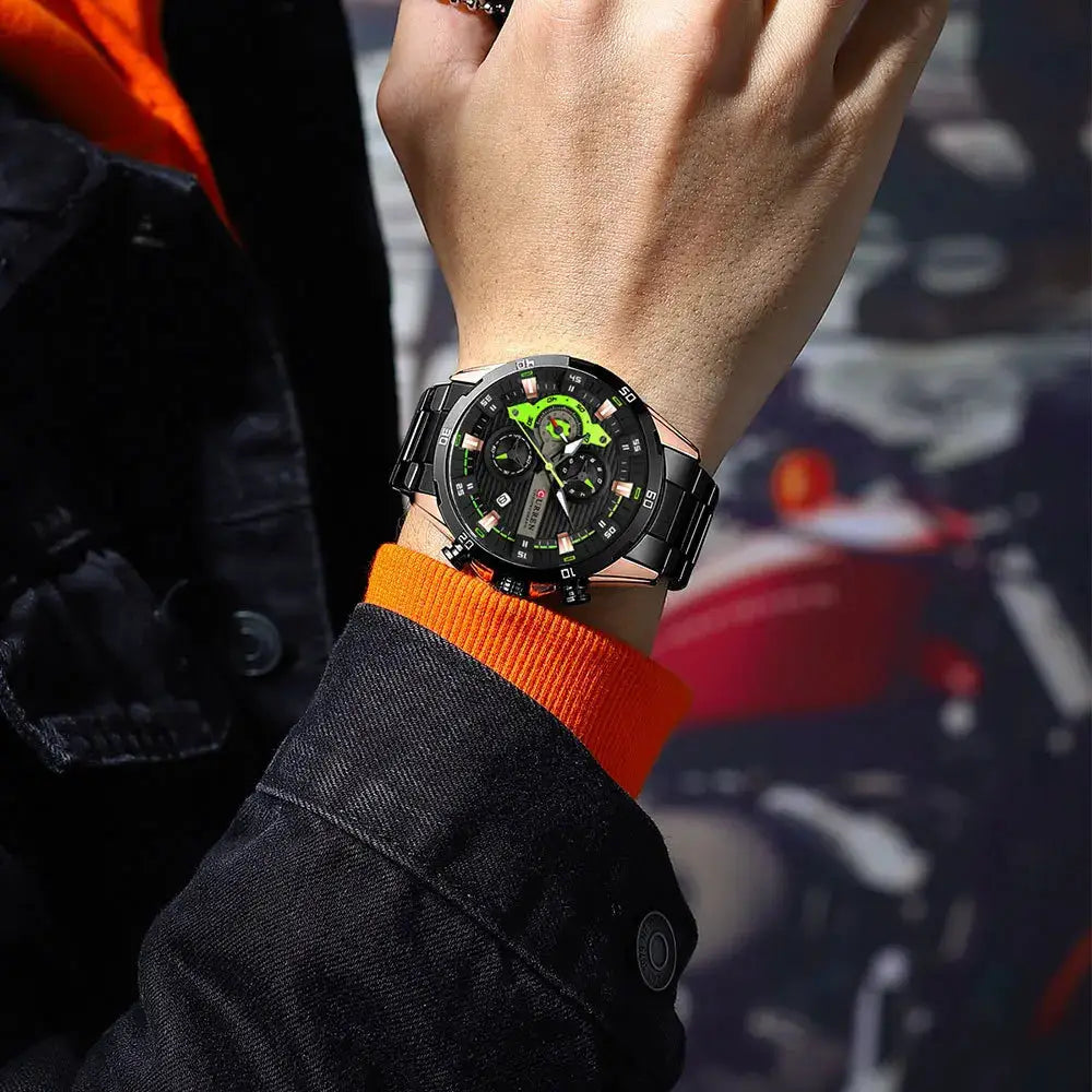 Curren 8402 men's stainless steel wristwatch with luminous dial and green-accented chronograph subdials