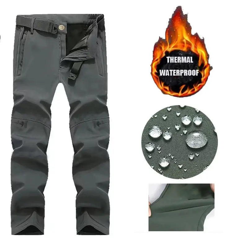 Men's city cargo fleece-softshell hiking pants by Simples Market, dark gray, thermal waterproof