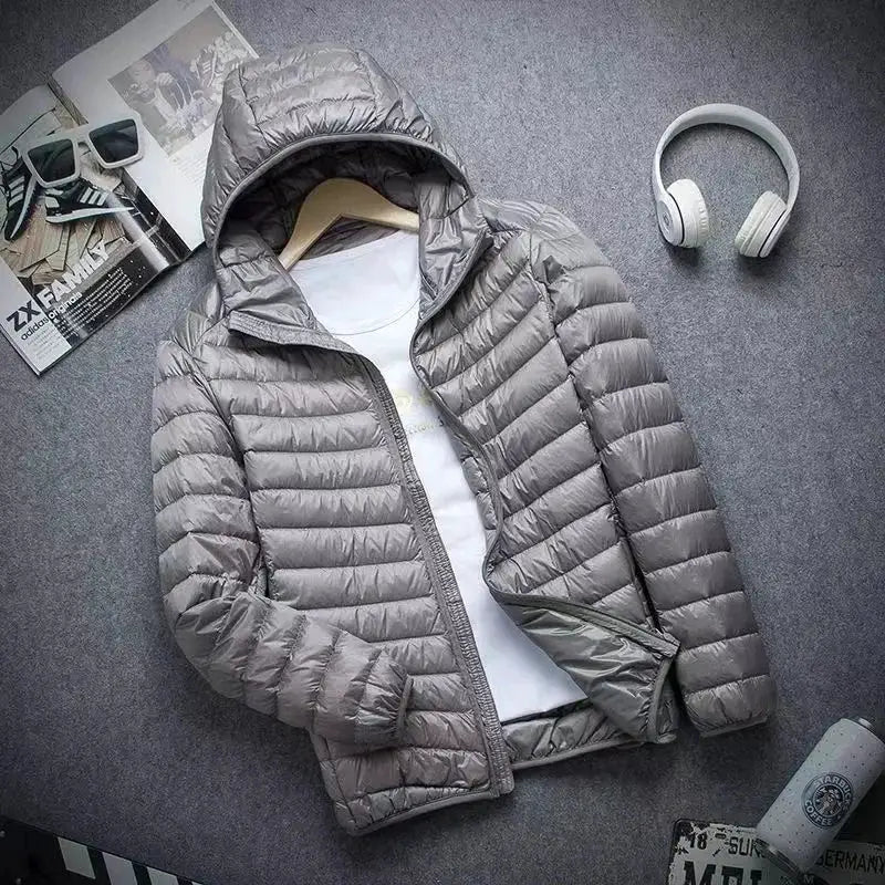 Simples Market 0-10℃ men's ultra-light duck-down hooded puffer jacket, gray, 5XL