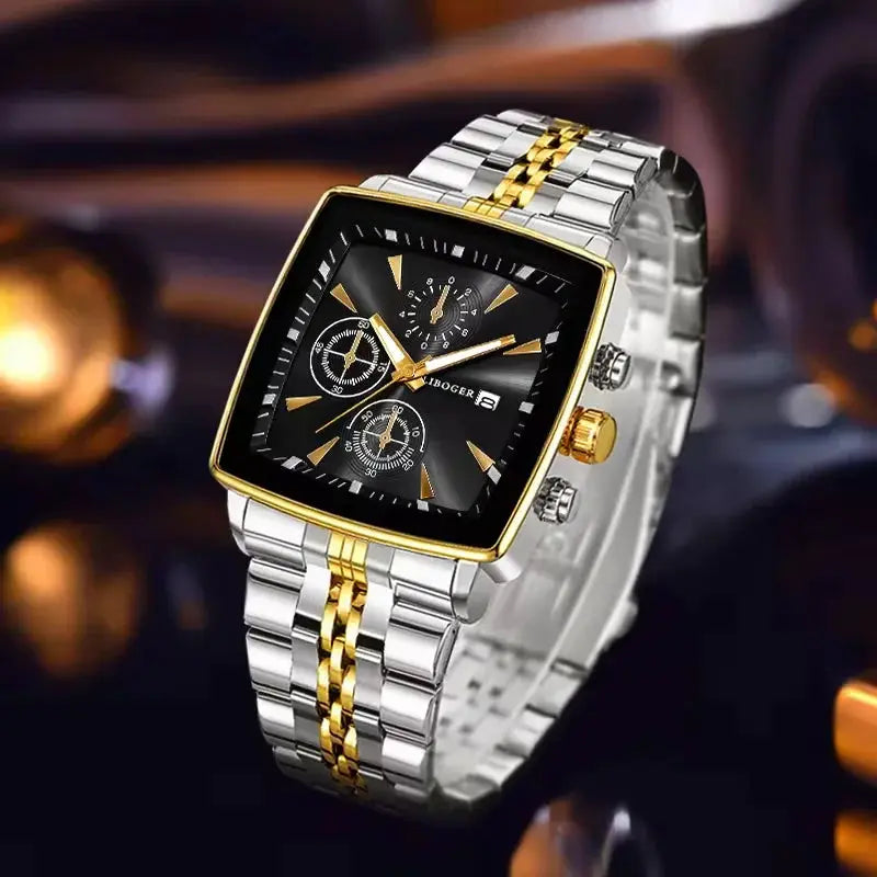 Simples Market men's luxury square-dial quartz wristwatch, two-tone stainless steel with gold bezel and calendar