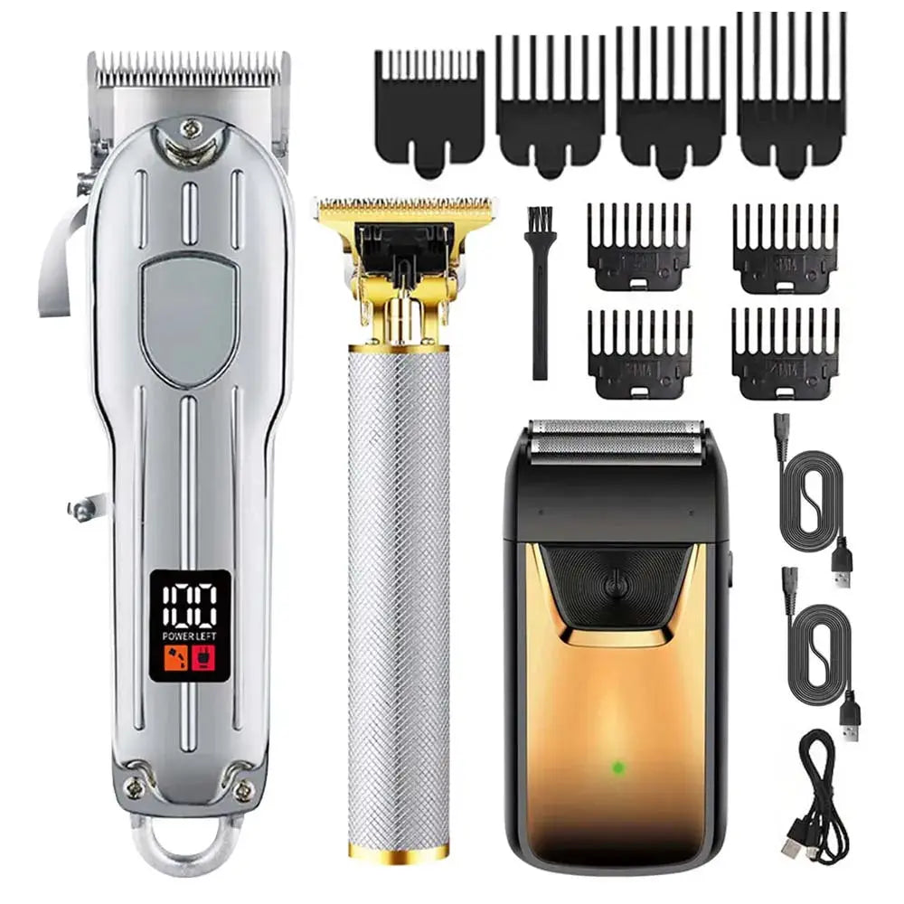 Simples Market professional hair clipper and trimmer set with guide combs, gold trimmer, charging station, USB cables