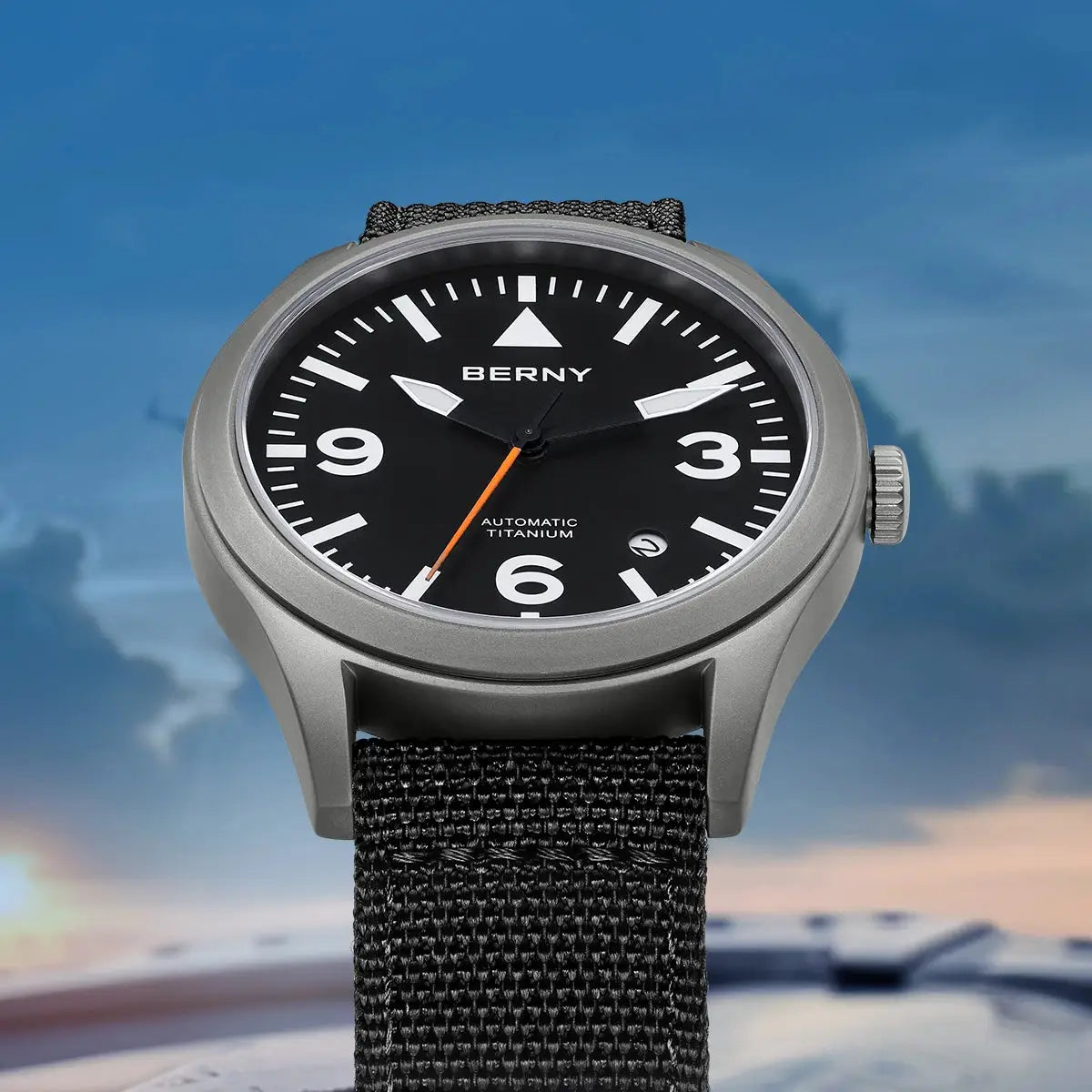 BERNY titanium automatic men's watch with black dial, orange second hand, white numerals, fabric strap
