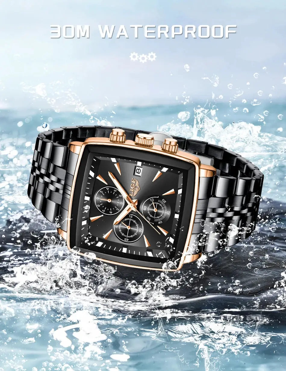 LIGE men's square-dial stainless steel watch with black bracelet and rose-gold bezel, 30m waterproof, chronograph